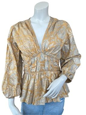 Bindu Pale Gold Blue Ochre Floral Leaf Ruched Deep V Puff Sleeve Blouse Small